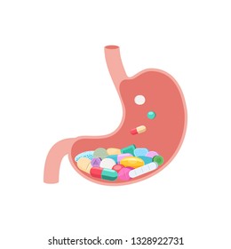 Lots of medical pills in the stomach. Taking the medicine orally. Dependence on medicines. Vector illustration in flat style isolated on white background