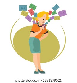 Lots of messages and letters. Mail envelope fountain. Funny people. Illustration concept template for website, web landing page, banner, presentation, promotion or print media.