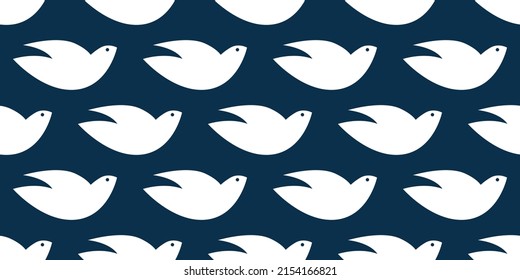 Lots of Modern Style Simple Bird Shapes, White Peace Pigeons - Pattern, Wide Scale Texture -  Seamless Designon Dark Blue Background, Vector Template