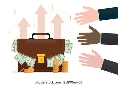 Lots of money in briefcase and stacking gold dollar coins. Dollar sack, cash. Arrows growing up, success. Investor or businesspeople hands catch profit, income. Increase in salary or payments. vector