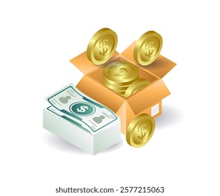 Lots of money in a cardboard box concept illustration