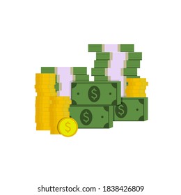 Lots of money, dollar bills, coins. Vector illustration, flat cartoon minimal color icon design, isolated on white background, eps 10.