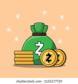 Montones de dinero en el saco de dinero verde y apilamiento de monedas de oro en efectivo aislaron dibujos animados planos. Zcash sack