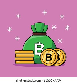 Lots of money in green money sack and stacking gold bitcoin coin isolated flat cartoon. Bitcoin sack