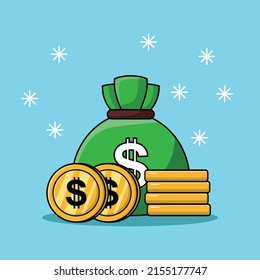 Montones de dinero en el saco de dinero verde y apilamiento de monedas de oro en dólares aislaron dibujos animados planos. Sacos en dólares