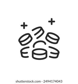 Lots of money, linear style icon. Profit or savings. Coins and plus signs. Editable stroke width
