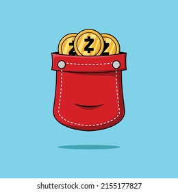 Lots of money in pocket and stacking gold zcash coins isolated flat cartoon illustration