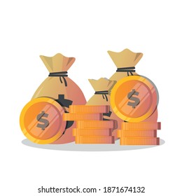 Lots of money or stack of gold coins and cash in bags isolated flat cartoon 