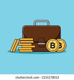 Lots of money in suitcase and stacking gold bitcoin coins isolated flat cartoon. bitcoin sack