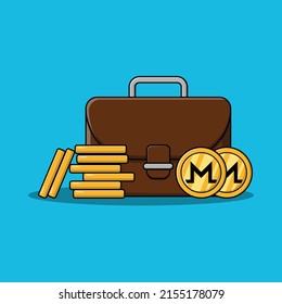 Lots of money in suitcase and stacking gold monero coins isolated flat cartoon. litecoin sack
