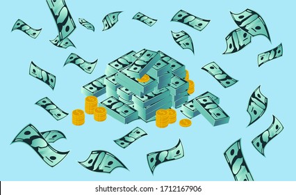 Lots of money vector illustration. A pile of money with paper bills flying in air. Wealth, dollars, rich, millionaire and economy concept.