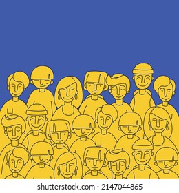 Lots of nice people in several rows. Pattern characters, yellow and blue color. Vector graphics, illustration