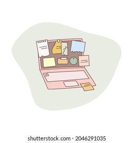 Lots of note paper on the laptop screen. To do list, checklist, planner, management concept. Overworked, too much task icon. Cute flat vector illustration.