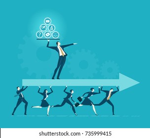 Lots of office workers running and caring the big arrow with leader staying on top of it. Team, working together, coordination and developing business concept.
