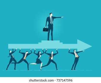 Lots of office workers running and caring the big arrow with leader staying on top of it. Team, working together, coordination and developing business concept.
