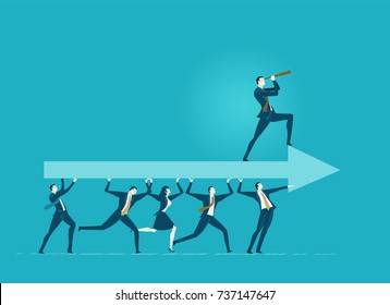 Lots of office workers running and caring the big arrow with leader staying on top of it. Team, working together, coordination and developing business concept.
