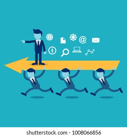 Lots of office workers running and carrying the big arrow with leader staying on top of it. Team, working together, coordination and developing business concept.