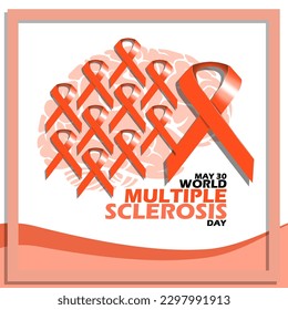 Lots of orange ribbons with a brain icon behind them with bold text in a frame on a white background to commemorate World Multiple Sclerosis Day on May 30