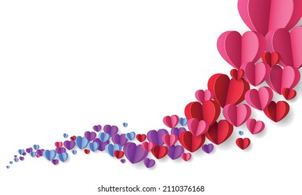 Lots of paper hearts floating, 3D style illustration on white background.