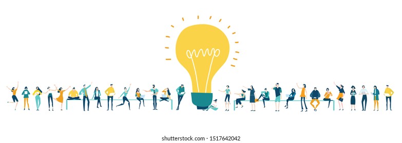 Lots of people around the big light bulb. Research, internet, big data idea, Availability of knowledge, Developing, taking a risk, support and solving the problem business concept illustration.