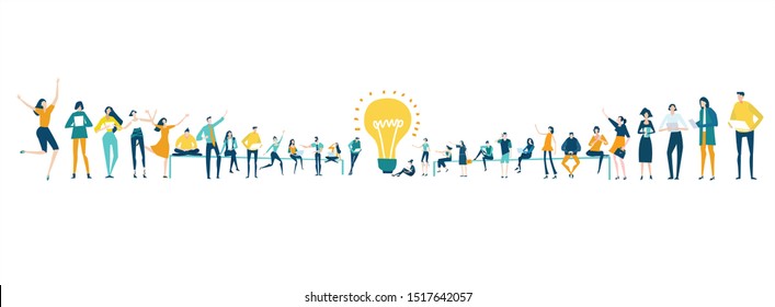 Lots of people around the big light bulb. Research, internet, big data idea, Availability of knowledge, Developing, taking a risk, support and solving the problem business concept illustration.