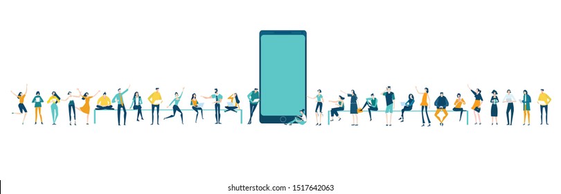 Lots of people around the digital device, phone. Research, internet, big data idea, Availability of knowledge, Developing, taking a risk, support and solving the problem business concept illustration.