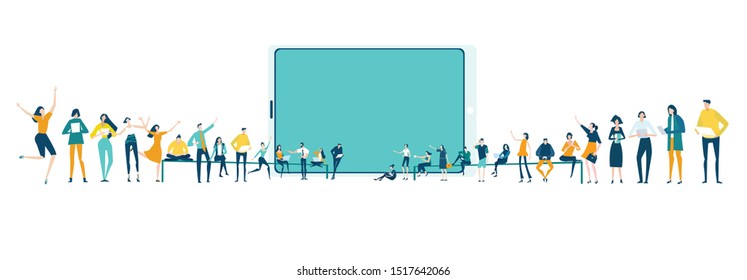 Lots of people around the digital tablet. Research, internet, big data idea, Availability of knowledge, Developing, taking a risk, support and solving the problem business concept illustration.