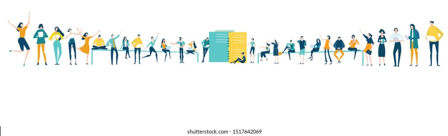 Lots of people with devises, making research, looking for information, Availability of knowledge, Developing, taking a risk, support and solving the problem business concept illustration.