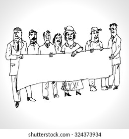 lots of people protesting with big banner. Hand drawn black and white illustration of demonstrating