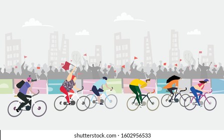 Lots of people riding bikes during the City competition. Eco environmental illustration, healthy life style