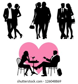 Lots of people, romance couple, silhouette - vector set