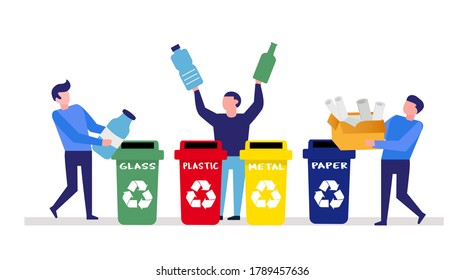 Mucha gente arregla su basura. Personajes masculinos que se preocupan por el medio ambiente y ponen basura en botes de basura, botes de basura o contenedores para reciclaje y reutilización. Concepto de basura cero