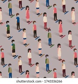 A Lots of People Wear Face Masks are Standing and Keep Social Distancing in Public Place for Preventing Virus in Public Place, vector, Illustration, Cartoon, Pattern