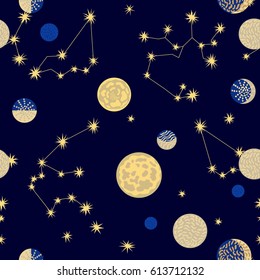 Lots of planets. Seamless vector pattern with different celestial bodies.