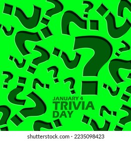Lots of question mark icons scattered randomly with bold text on green background to celebrate Trivia Day on January 4