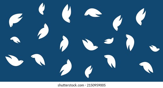Lots of Random Placed Flying Bird Shapes, White Peace Pigeons of Various Sizes and Orientation - Pattern, Wide Scale Texture - Dark Blue Background, Concept Design, Vector Template for Web 