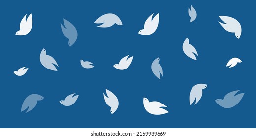 Lots of Random Placed Flying Bird Shapes, Blue and White Peace Pigeons of Various Sizes and Orientation - Pattern, Wide Scale Texture - Dark Blue Background, Concept Design, Vector Template for Web 