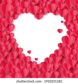 Lots of red paper hearts on white background and the empty center space that looks like a heart, Paper art and digital craft style, Vector illustration