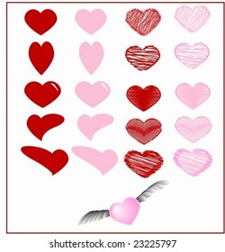 Lots of red and pink hearts on a white background. Vectors illustration