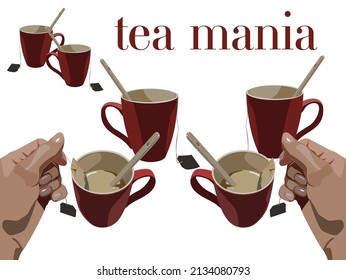 Lots of red tea cup with two hands holding tea bags on white background, text: tea mania