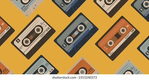 Viele Retro-Audiokassetten auf hinterem Hintergrund.