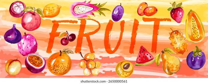 lots of ripe bright fruits painted in watercolor technique and the word fruit on a watercolor background.Isolated, close-up