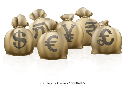 Lots of sacks with different currency signs, foreign currency exchange sacks