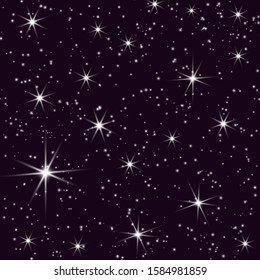 Lots of shiny, bright, stars on a dark blue background. Light in the sky, dust. Vector illustration. Template, poster.