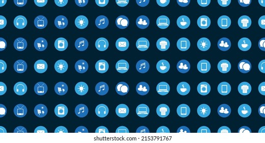 Lots of Simple Blue Retro Style Round Technology Icons Pattern on Dark Blue Background - Design Set, Seamless Texture for IT, IoT, Web and Technology - Template Illustration in Editable Vector Format