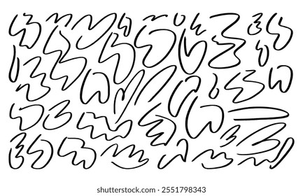 Lots of smooth hand drawn doodles of various shapes and sizes. Doodles and squiggles. Vector set