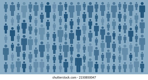 Lots Standing Figures in Various Sizes and Color Shades of Blue - Wide Scale Texture, Retro Style Mosaic Pattern, Background Design, Vector Template