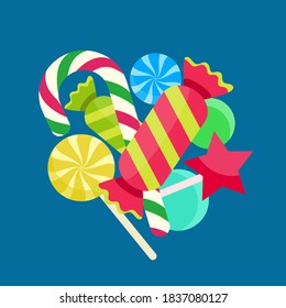 Lots of sweet candies. Lollipops isolated on a blue background. Vector illustration, flat design, cartoon style.