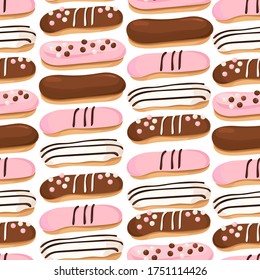 Lots of sweet eclairs: with chocolate, white, pink icing and decor of chocolate balls. Seamless pattern. Vector drawing.