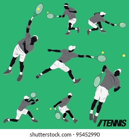 lots of tennis player do some action and hit the ball